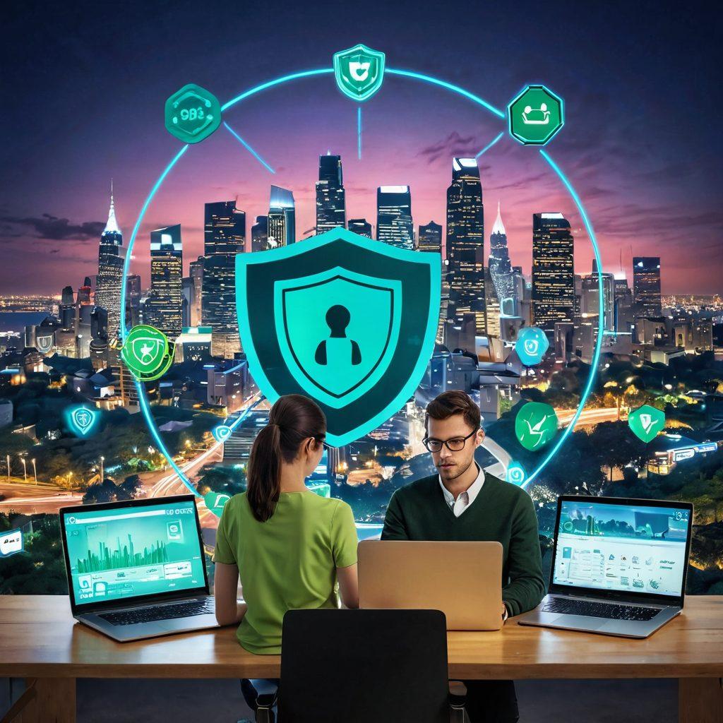 A digital landscape showcasing a shield icon representing security, surrounded by various symbols of risk assessment like caution signs and exclamation marks. In the background, a person browsing content on a sleek laptop with a serene expression, and a glowing city skyline symbolizing the digital world. Soft blue and green tones create a calming atmosphere. super-realistic. vibrant colors.