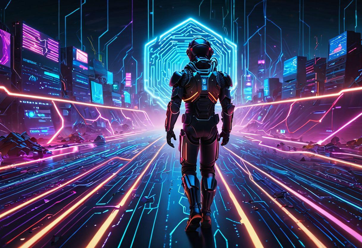 A digital landscape resembling a minefield, with virtual mines representing online threats like hacking and phishing. A figure in a futuristic suit navigating carefully, using a shield labeled 'Online Safety.' Bright neon indicators highlight safe pathways. The background features a circuit-patterned terrain. cyberpunk. vibrant colors. 3D.